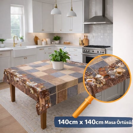 Masa Örtüsü, Çiçekli ve Kahve Temalı Modeller, Mutfak Ve Yemek Masası İçin, Farklı Desen Seçenekleri 140 * 140 CM (Mocha Tiles Vinil)