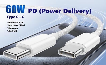 C-C, 2Metre ÖRGÜLÜ ve GÜÇLENDİRİLMİŞ BOYUN 60Watt Hızlı Şarj Kablosu (1Ad x 2Metre Beyaz)