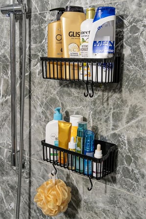 6'Lı Banyo Seti Yapışkanlı Banyo Düzenleyici Şampuanlık Diş Fırçalık Sabunluk Askılık Takımı Siyah