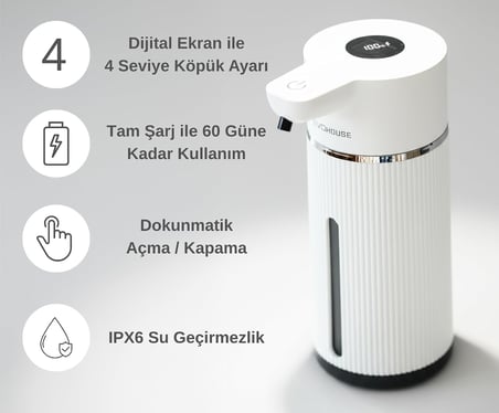 Sensörlü Köpük Sıvı Sabunluk - Şarjlı- Dijital LED Ekran - Duvara Monte - E15 Model (Beyaz)