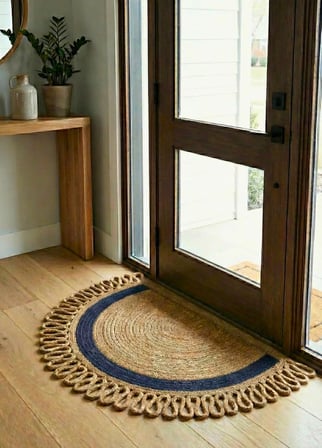 Yarım Ay Jüt Paspas El Yapımı Doğal Karşılama Paspası Jüt Kapı Önü Paspası Banyo ve Balkon Kilimi Karavan Tekne Ev Ofis Otel Yurt Dekorasyonu (LACİVERT-ŞERİT, 45 X 75 CM)