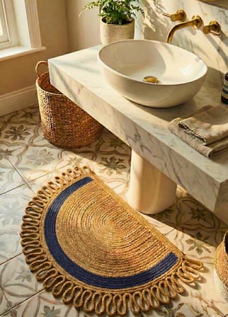 Yarım Ay Jüt Paspas El Yapımı Doğal Karşılama Paspası Jüt Kapı Önü Paspası Banyo ve Balkon Kilimi Karavan Tekne Ev Ofis Otel Yurt Dekorasyonu (LACİVERT-ŞERİT, 45 X 75 CM)