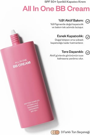 ALL IN ONE BB CREAM Neutral · SPF 50+ · Yüksek Kapatıcılık · Nemlendirici Ton Eşitleyici · Suya Dayanıklı · 50 ml