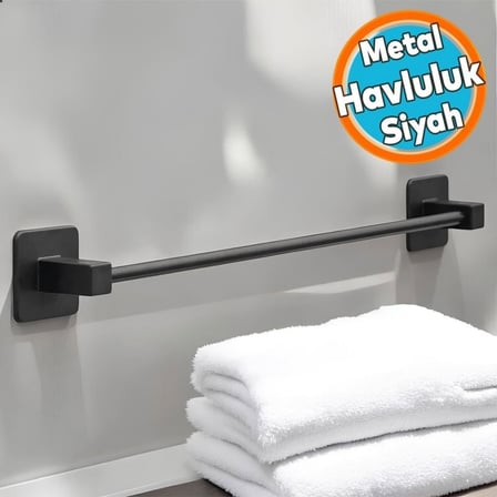 Uzun Havluluk – Duvara Monte Yapışkanlı Metal Havlu Askısı 42 cm, Mat Siyah Banyo Aksesuarı