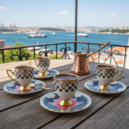 6 Kişilik Ayaklı Porselen Türk Kahvesi Fincan Takımı - Siyah Beyaz Damalı ve Gold Varaklı, Renkli Çiçek Desenli Tabaklı 12 Parça Lüks Sunum Seti