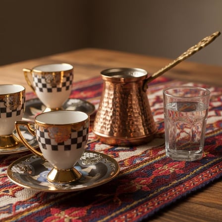6 Kişilik Ayaklı Porselen Türk Kahvesi Fincan Takımı - Siyah Beyaz Damalı ve Gold Varaklı, Renkli Çiçek Desenli Tabaklı 12 Parça Lüks Sunum Seti