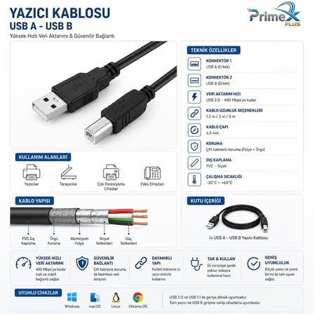 USB Yazıcı Kablosu, USB-A to USB-B Printer Kablo, Yazıcı Tarayıcı Fotokopi Cihazı Bağlantı Kablosu, PC Laptop USB-B Girişli Yazıcılar ile Uyumlu