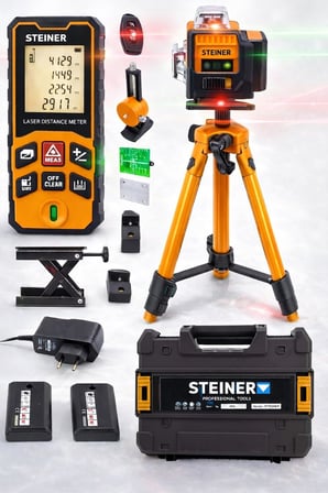 Profesyonel 12 Köşe Yeşil Çizgi Lazer Otomatik Hizalama Çantalı + 50MT Lazer Metre + Tripod