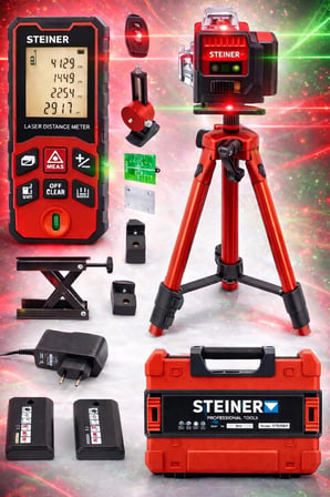 Profesyonel 12 Köşe Yeşil Çizgi Lazer Otomatik Hizalama Çantalı + 50MT Lazer Metre + Tripod