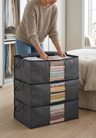 Home 3'lü Siyah Pencereli Hurç Seti – 64x45x22 cm Bez Kumaş Baza Altı Organizer, Şeffaf Pencereli Hurç, Giysi ve Nevresim Saklama Hurcu