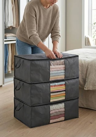Home 3'lü Siyah Pencereli Hurç Seti – 64x45x22 cm Bez Kumaş Baza Altı Organizer, Şeffaf Pencereli Hurç, Giysi ve Nevresim Saklama Hurcu
