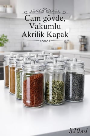 Adet Kulplu Ve Vakum Kapaklı Cam Baharatlık Seti