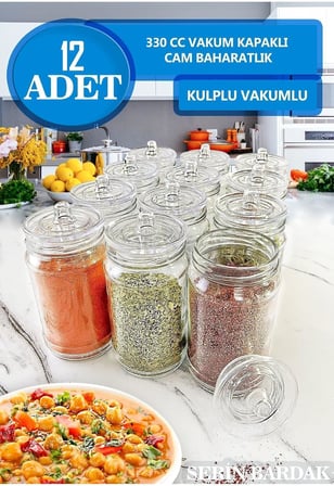 Adet Kulplu Ve Vakum Kapaklı Cam Baharatlık Seti