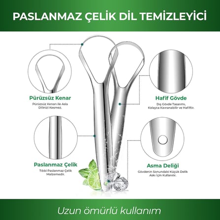 Paslanmaz Çelik Dil Temizleyici Sıyırıcı | Ağız Hijyeni İçin Dil Plak Temizleme Aparatı | Kötü Nefes Giderici Dil Kazıyıcı | Yeniden Kullanılabilir Metal Dil Temizleyici M