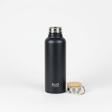 Bambu Kapaklı Siyah Çelik Termos Matara - 750 ml Sızdırmaz Kilitli Mug - Doğal Ahşap Detaylı Sıcak ve Soğuk Tutan Ofis Termosu