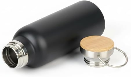 Bambu Kapaklı Siyah Çelik Termos Matara - 750 ml Sızdırmaz Kilitli Mug - Doğal Ahşap Detaylı Sıcak ve Soğuk Tutan Ofis Termosu
