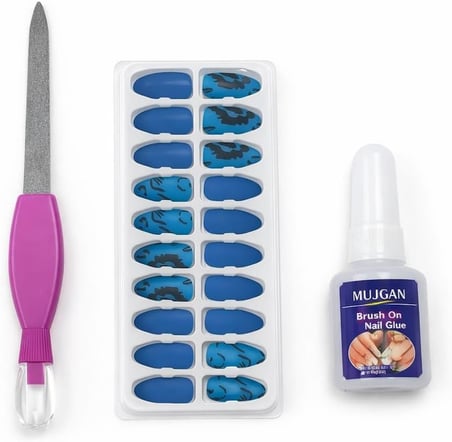 Takma Tırnak Kit Yapıştırıcılı Press On Nail Set Kolay Tak Çıkar Dayanıklı Manikür Aksesuarı,Tam Set Takma Tırnak Manikür Kiti Yapıştırıcı Ve Törpülü Hazır Tırnak Seti Ev (Mavi)