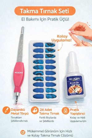 Takma Tırnak Kit Yapıştırıcılı Press On Nail Set Kolay Tak Çıkar Dayanıklı Manikür Aksesuarı,Tam Set Takma Tırnak Manikür Kiti Yapıştırıcı Ve Törpülü Hazır Tırnak Seti Ev (Mavi)