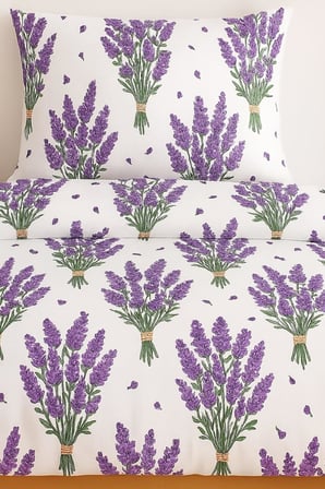 Çift Kişilik Desenli Nevresim Takımı, Lavanta Motifli, 200 x 230 cm, 2 Adet Kapaklı Yastık Kılıfı, Mor