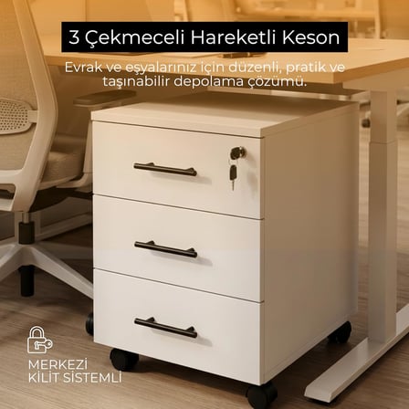 Antrasit 3 Çekmeceli Hareketli Keson, Merkezi Kilitli Ofis Dolabı, Tekerlekli Çalışma Masası Altı Komodin, Dosya ve Evrak Düzenleyici, Türk Malı, 40x50x56 cm, Modern Ofis Mobilyası (Beyaz)