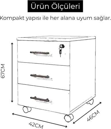 Antrasit 3 Çekmeceli Hareketli Keson, Merkezi Kilitli Ofis Dolabı, Tekerlekli Çalışma Masası Altı Komodin, Dosya ve Evrak Düzenleyici, Türk Malı, 40x50x56 cm, Modern Ofis Mobilyası (Barok)