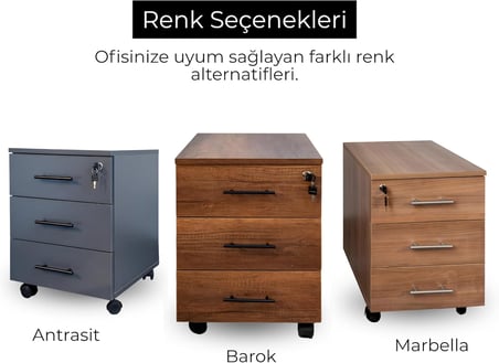 Antrasit 3 Çekmeceli Hareketli Keson, Merkezi Kilitli Ofis Dolabı, Tekerlekli Çalışma Masası Altı Komodin, Dosya ve Evrak Düzenleyici, Türk Malı, 40x50x56 cm, Modern Ofis Mobilyası (Barok)