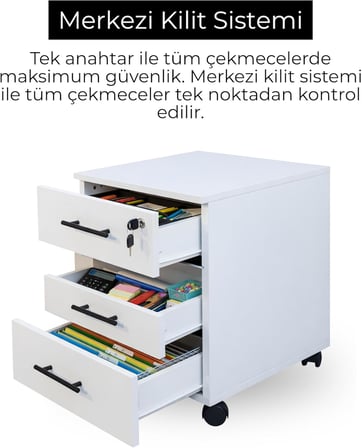 Antrasit 3 Çekmeceli Hareketli Keson, Merkezi Kilitli Ofis Dolabı, Tekerlekli Çalışma Masası Altı Komodin, Dosya ve Evrak Düzenleyici, Türk Malı, 40x50x56 cm, Modern Ofis Mobilyası (Barok)