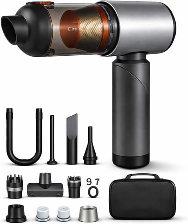 Kablosuz El Süpürgesi – 120W Güç, 7800 mAh Batarya, 200 ml Toz Haznesi, 8 Başlıklı, Taşıma Çantalı Mini Araç & Ev Süpürgesi (GRİ)