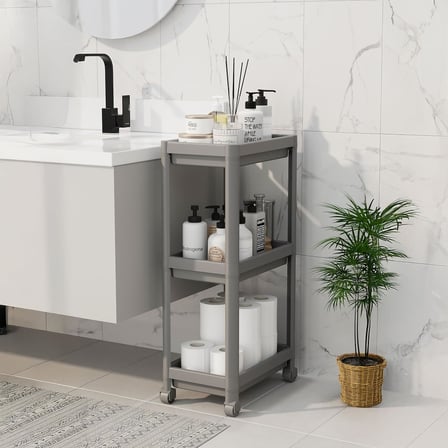 Peggy 3 Katlı Tekerlekli Raf Ünitesi - 36x71x23 cm Dar Alan Düzenleyici - Mutfak ve Banyo İçin Aletsiz Kurulum Servis Arabası (Beyaz - Siyah - Gri) (GRİ)
