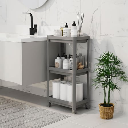 Peggy 3 Katlı Tekerlekli Raf Ünitesi - 36x71x23 cm Dar Alan Düzenleyici - Mutfak ve Banyo İçin Aletsiz Kurulum Servis Arabası (Beyaz - Siyah - Gri) (GRİ)