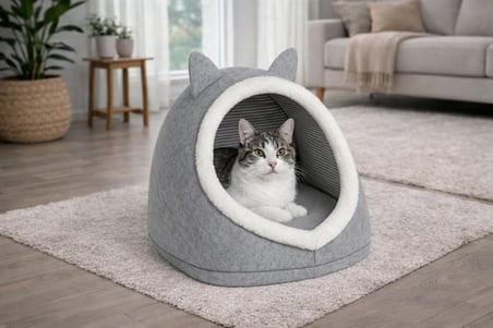 Alas Gri Keçe Kedi ve Köpek Evi Yatağı – Kapalı Tasarım, Sıcak ve Yumuşak Pet Yuvası, Kaymaz Paspas Set