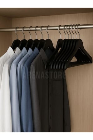 Ahşap Görünümlü Plastik Askı Seti – Dayanıklı Pantolon, Gömlek ve Elbise Askısı – İnce Tasarım Dolap Düzenleyici Kıyafet Askısı (Siyah)