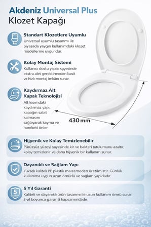 Universal Klozet Kapağı – Her Modelle Uyumlu, Kaydırmaz Alt Kapaklı, Kolay Montajlı, Kolay Temizlenebilir, Dayanıklı Yapı, 5 Yıl Garantili