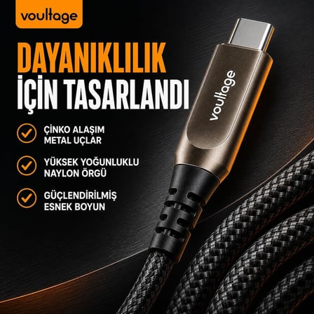 Type-C 240W 1.2 M Dijital Watt Göstergeli Metal Uçlu Şarj Kablosu iPhone 17, 16, 15, Samsung Galaxy S24, S23, Pixel, iPad, MacBook, Nintendo, Xiaomi Uyumlu, Siyah