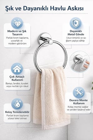 Havlu Halkası Krom Kaplama, Duvara Monte Yuvarlak Banyo Havluluk, Dayanıklı Metal El Havlusu Askısı, Modern Parlak Krom Tasarım, Paslanmaya Dayanıklı Banyo Aksesuarı