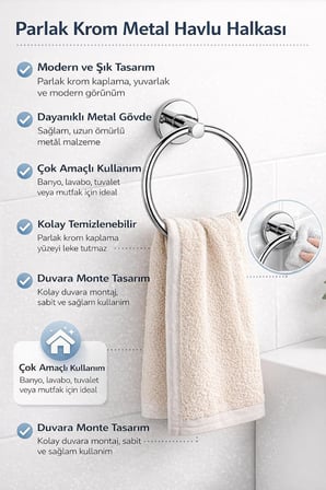 Havlu Halkası Krom Kaplama, Duvara Monte Yuvarlak Banyo Havluluk, Dayanıklı Metal El Havlusu Askısı, Modern Parlak Krom Tasarım, Paslanmaya Dayanıklı Banyo Aksesuarı