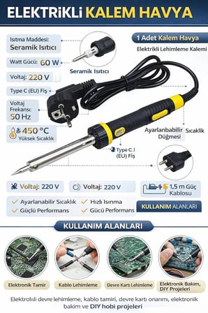 60W Elektrikli Kalem Havya, Hızlı Isınan Lehimleme Kalemi, Elektronik Devre Onarım ve Tamir Havya Aleti, Dayanıklı Metal Uçlu Lehimleme Aracı, Hobi, DIY Projeleri ve Elektrik Tamir İşleri
