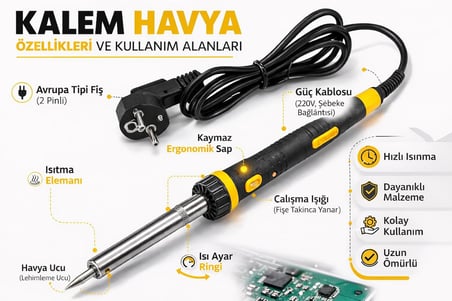 60W Elektrikli Kalem Havya, Hızlı Isınan Lehimleme Kalemi, Elektronik Devre Onarım ve Tamir Havya Aleti, Dayanıklı Metal Uçlu Lehimleme Aracı, Hobi, DIY Projeleri ve Elektrik Tamir İşleri