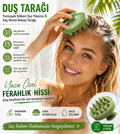 Tarağı Yumuşak Silikon Saç Yıkama & Saç Derisi Masaj Tarağı, Kadın Toka, Lastik Toka Seti, Kız Çocuk (Yeşil)
