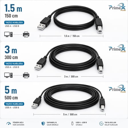 USB Yazıcı Kablosu, USB-A to USB-B Printer Kablo, Yazıcı Tarayıcı Fotokopi Cihazı Bağlantı Kablosu, PC Laptop USB-B Girişli Yazıcılar ile Uyumlu
