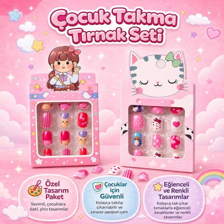 li Çocuk Takma Tırnak Seti, Sevimli Karakterli Yapıştırmalı Çocuk Tırnakları, Kolay Tak,Çıkar, Çocuklar İçin Güvenli, Eğlenceli Renkli Tasarımlar, Kız Çocukları İçin Nail Art Oyun Seti