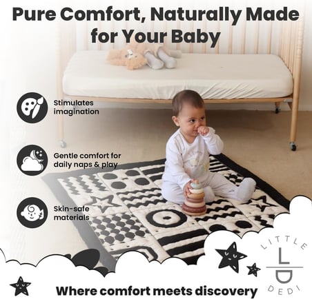 Yumuşak Organik Pamuk Emekleme Battaniyesi – GOTS Sertifikalı, 100x100 cm, Montessori Tasarım, Motor Beceri Gelişimi için, Çift Taraflı, İplik Ucu İçermez, Yıkanabilir ve Sürdürülebilir
