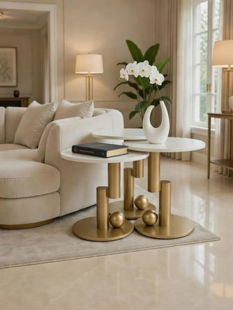 Zigon Sehpa Seti, Champagne Gold Metal Ayaklı, Beyaz Yuvarlak Üst, 52-56-60 cm Yükseklik, 50 cm Çap