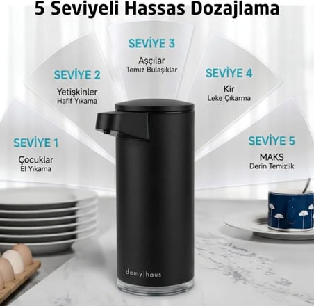 Sensörlü Otomatik Sıvı Sabunluk | Şarjlı Paslanmaz Çelik | 380ml 5 Kademeli Dozaj | Temassız Hijyenik | Banyo ve Mutfak | Siyah