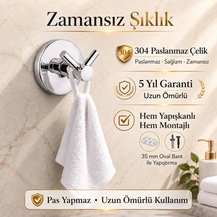 Banyo Bornoz Havlu Askısı, 304 Paslanmaz Çelik, Krom Kaplama İkili Askılık, Yapışkanlı ve Vidalı Montajlı, 5 Yıl Garantili Banyo Aksesuarı