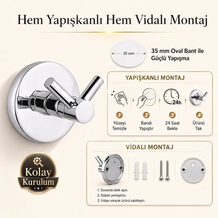 Banyo Bornoz Havlu Askısı, 304 Paslanmaz Çelik, Krom Kaplama İkili Askılık, Yapışkanlı ve Vidalı Montajlı, 5 Yıl Garantili Banyo Aksesuarı