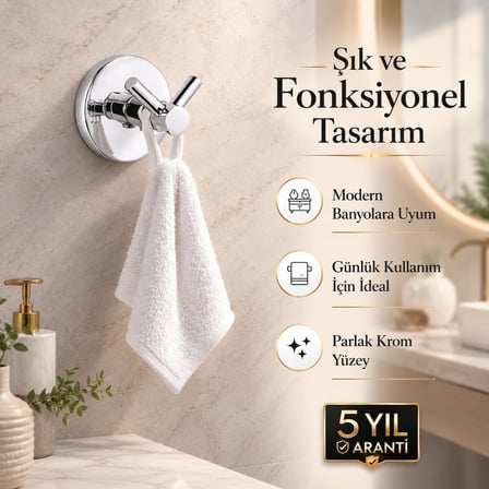 Banyo Bornoz Havlu Askısı, 304 Paslanmaz Çelik, Krom Kaplama İkili Askılık, Yapışkanlı ve Vidalı Montajlı, 5 Yıl Garantili Banyo Aksesuarı