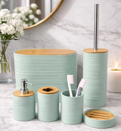 Parça Banyo Seti, Bambu Detaylı, 8L Çöp Kovası 24x26x16 cm (Su Yeşili)