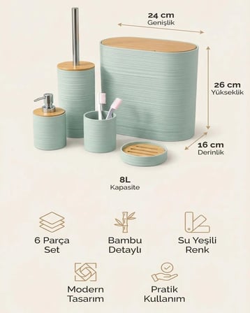 Parça Banyo Seti, Bambu Detaylı, 8L Çöp Kovası 24x26x16 cm (Su Yeşili)