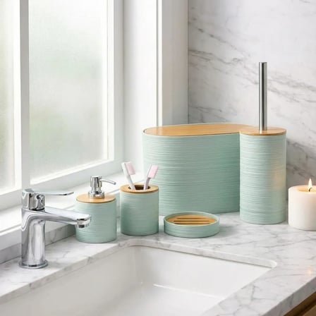 Parça Banyo Seti, Bambu Detaylı, 8L Çöp Kovası 24x26x16 cm (Su Yeşili)